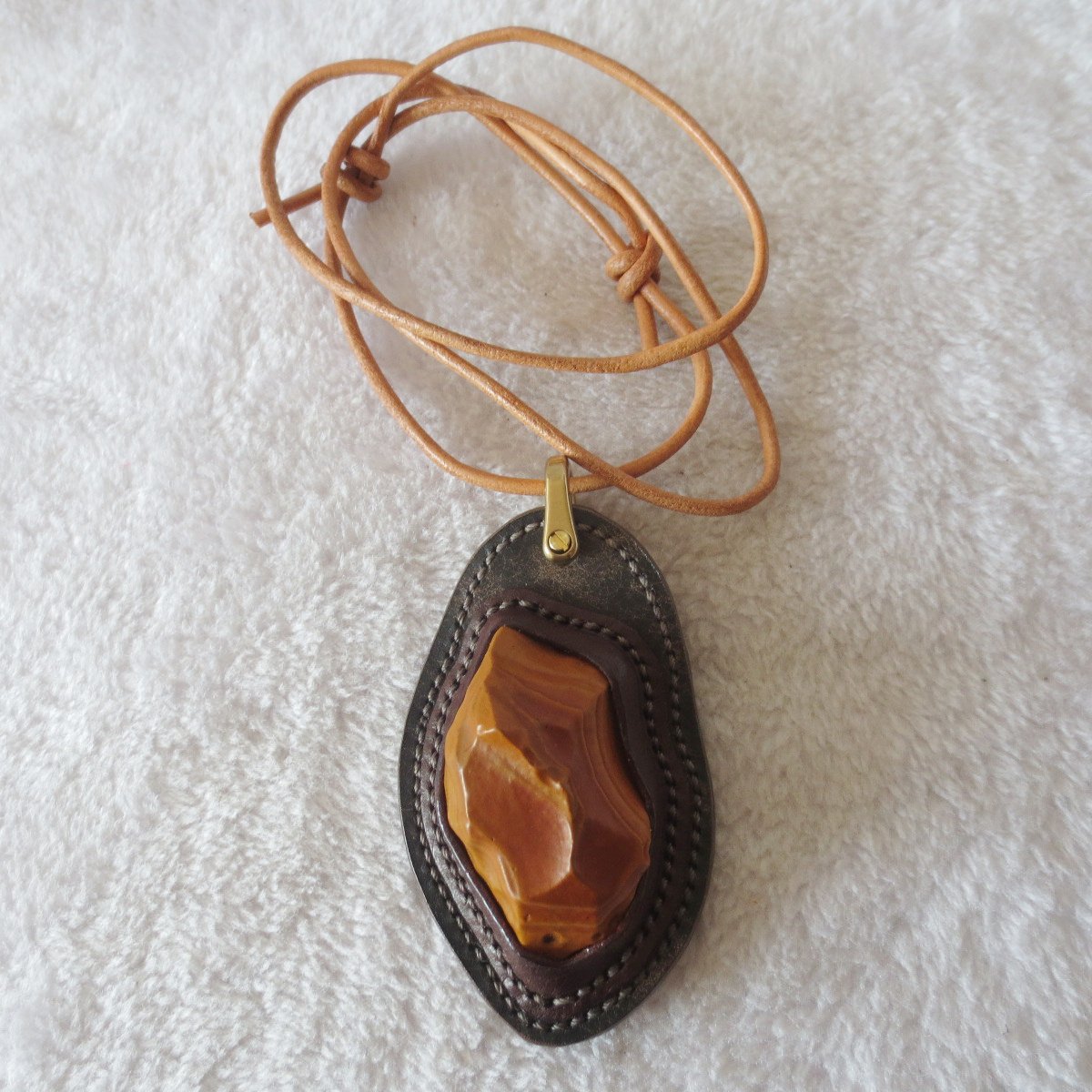 unique hand‑wrapped leather edge gobi stone pendant, one‑of‑a‑kind jewelry (o11)