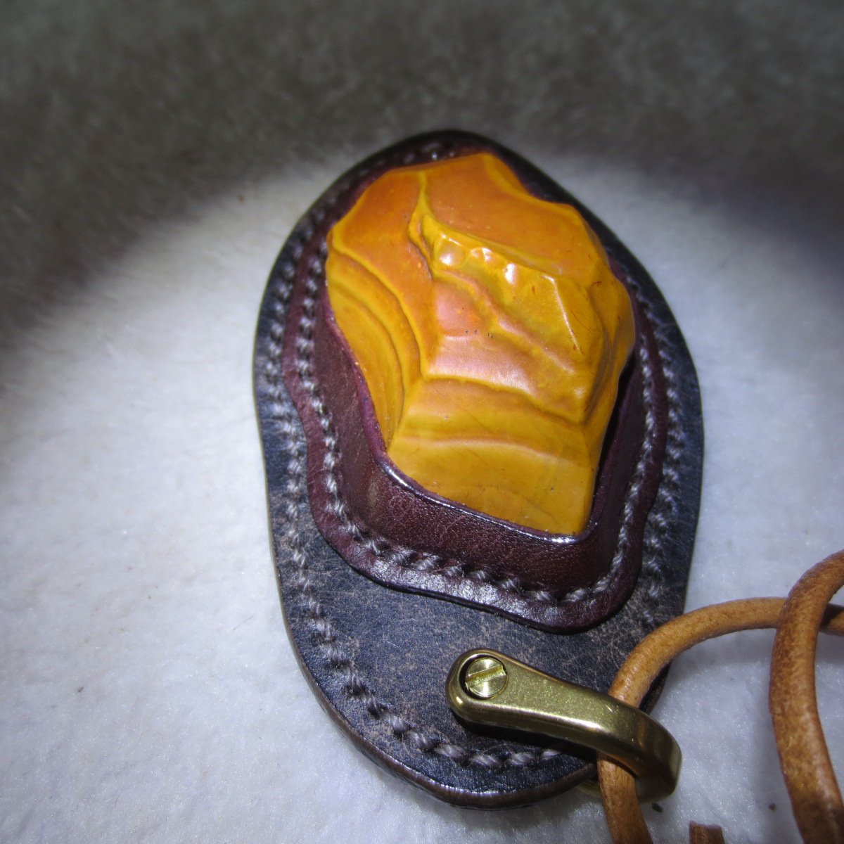 unique hand‑wrapped leather edge gobi stone pendant, one‑of‑a‑kind jewelry (o11)