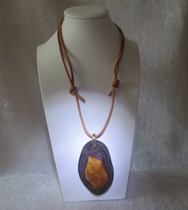 unique hand‑wrapped leather edge gobi stone pendant, one‑of‑a‑kind jewelry (o11)