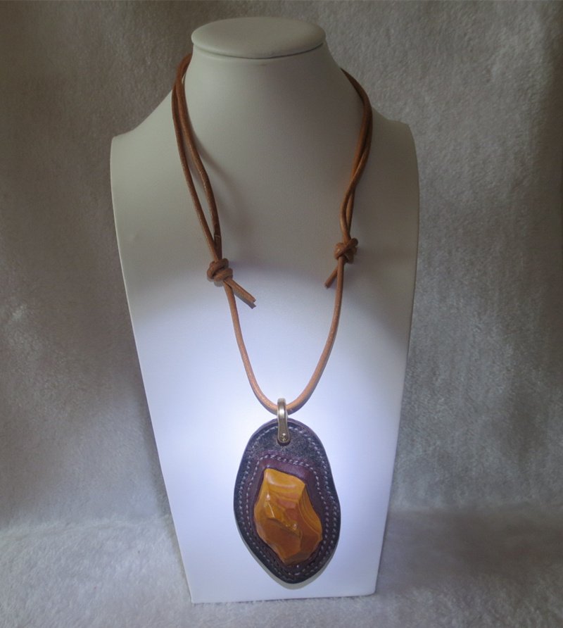 unique hand‑wrapped leather edge gobi stone pendant, one‑of‑a‑kind jewelry (o11)