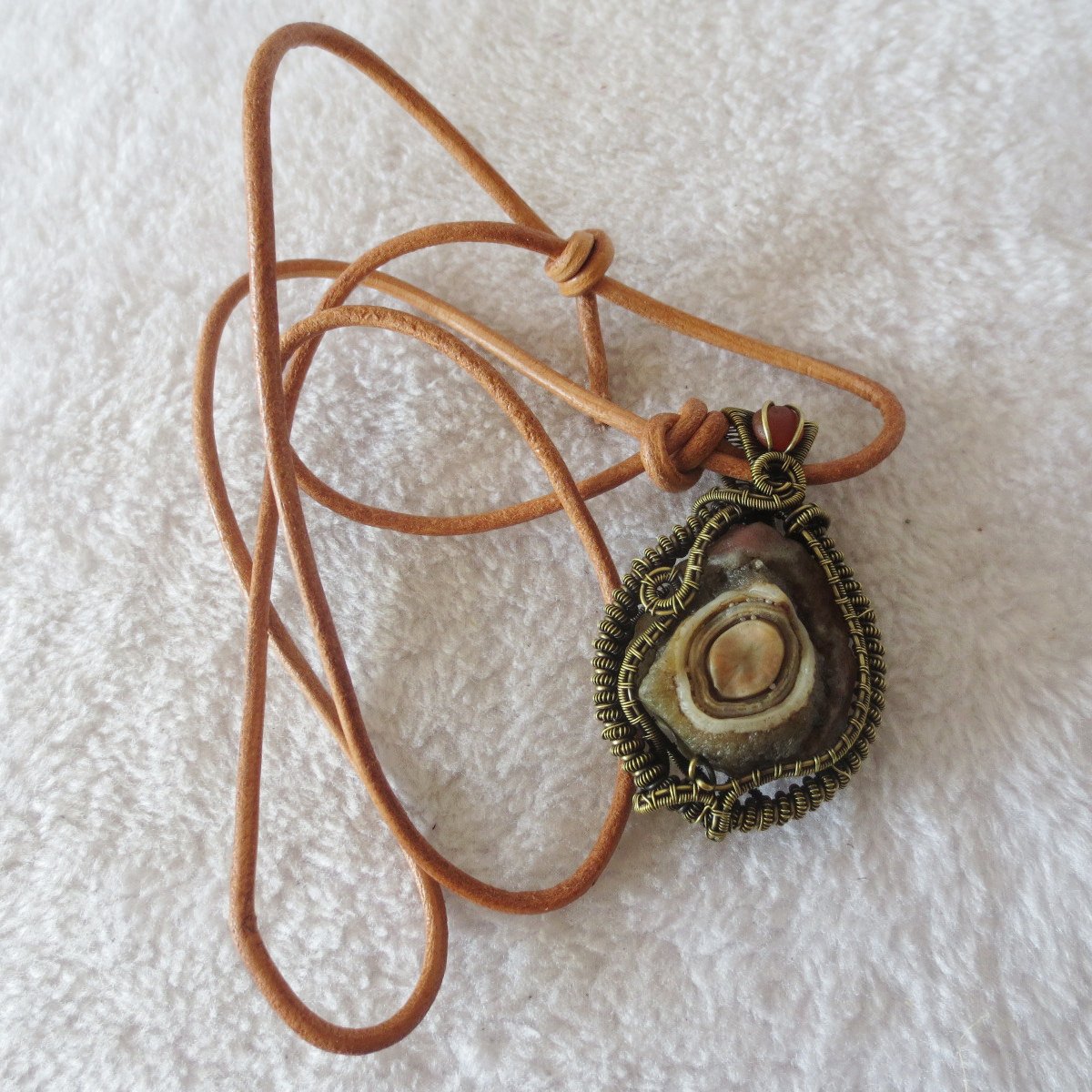 unique hand‑wrapped leather edge gobi stone pendant, one‑of‑a‑kind jewelry (d263)