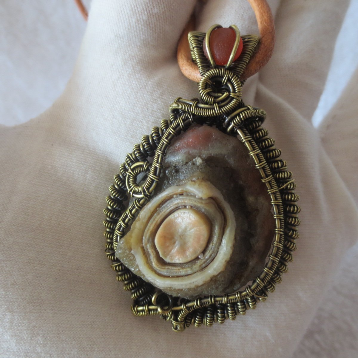 unique hand‑wrapped leather edge gobi stone pendant, one‑of‑a‑kind jewelry (d263)