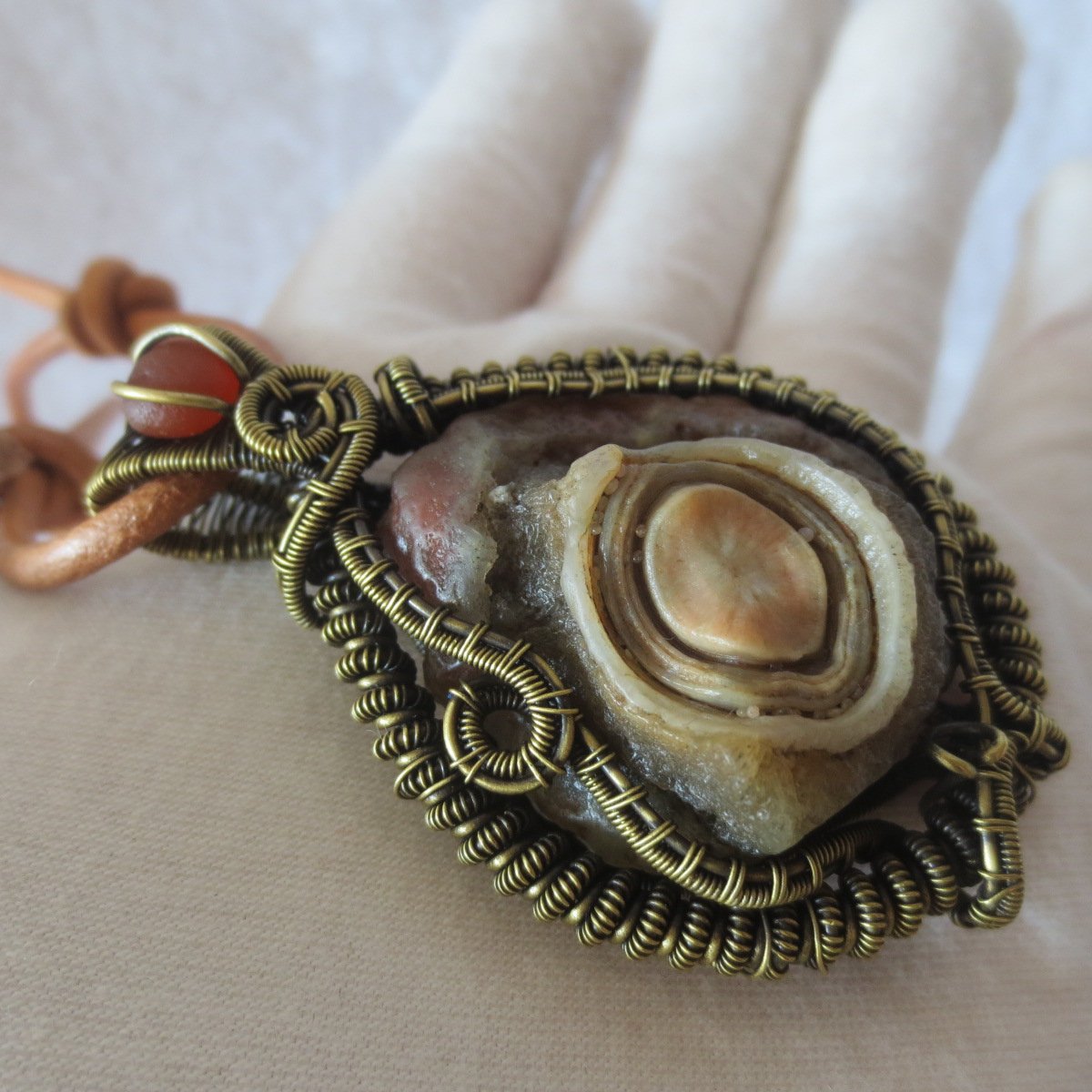 unique hand‑wrapped leather edge gobi stone pendant, one‑of‑a‑kind jewelry (d263)
