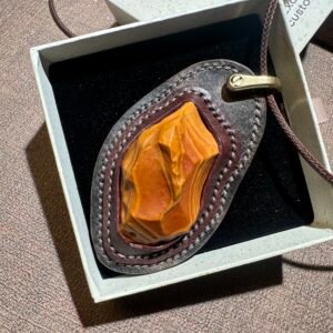 unique hand‑wrapped leather edge gobi stone pendant, one‑of‑a‑kind jewelry ()