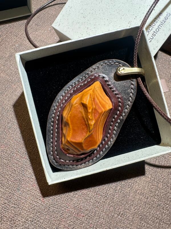 unique hand‑wrapped leather edge gobi stone pendant, one‑of‑a‑kind jewelry ()