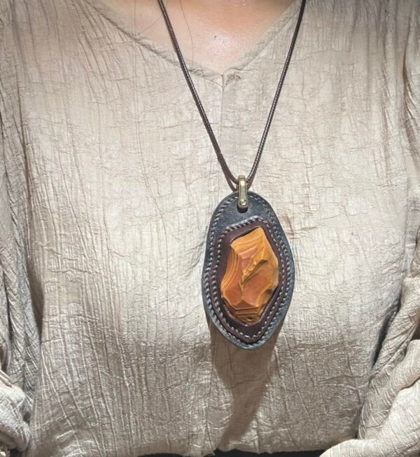 unique hand‑wrapped leather edge gobi stone pendant, one‑of‑a‑kind jewelry (o11)