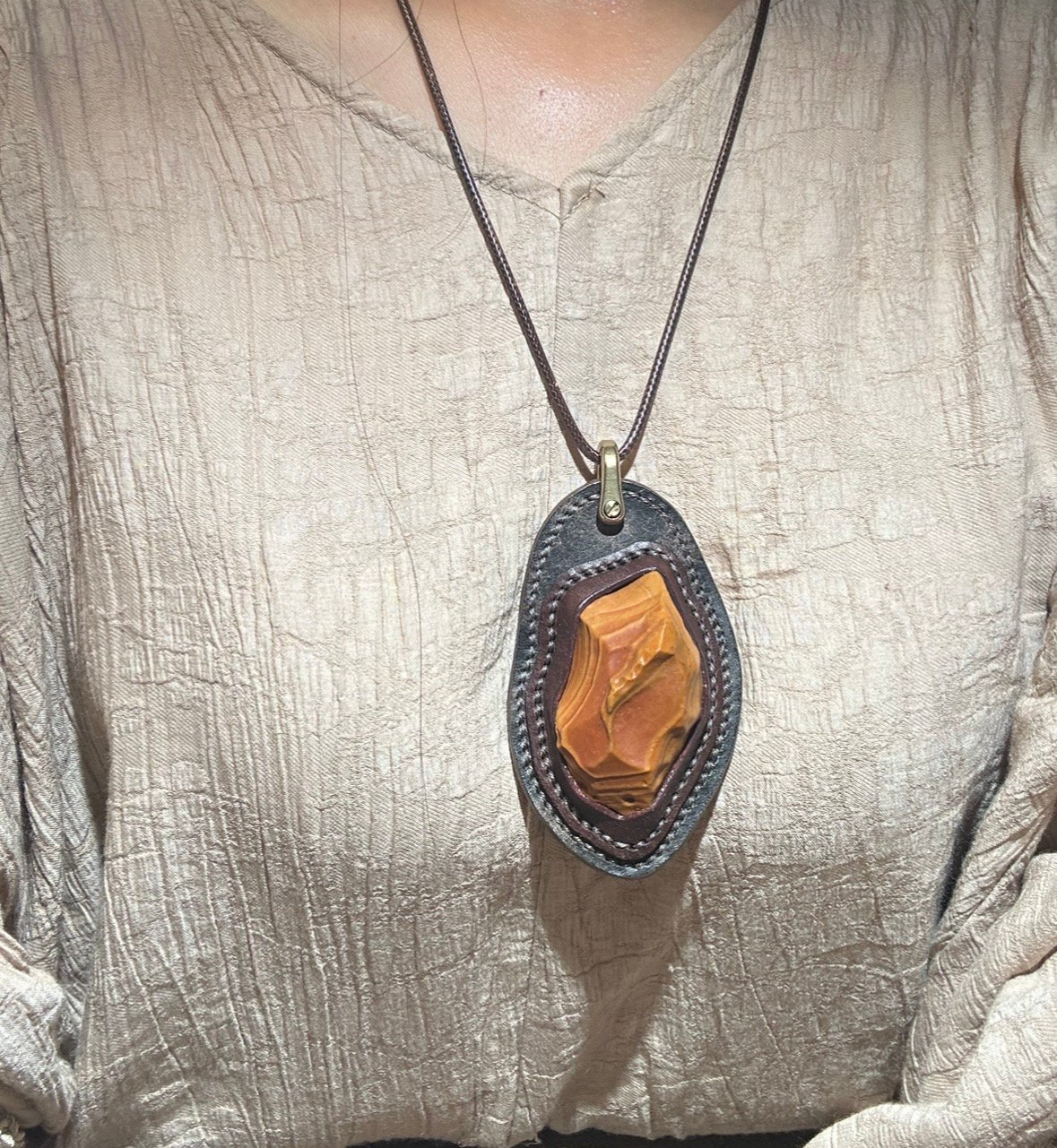 unique hand‑wrapped leather edge gobi stone pendant, one‑of‑a‑kind jewelry (o11)