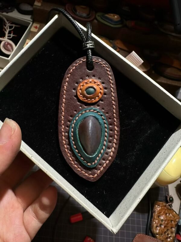 artisan wrapped leather edge gobi stone pendant｜photo for style reference only, not for sale
