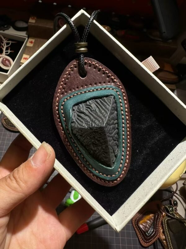 artisan wrapped leather edge gobi stone pendant｜photo for style reference only, not for sale