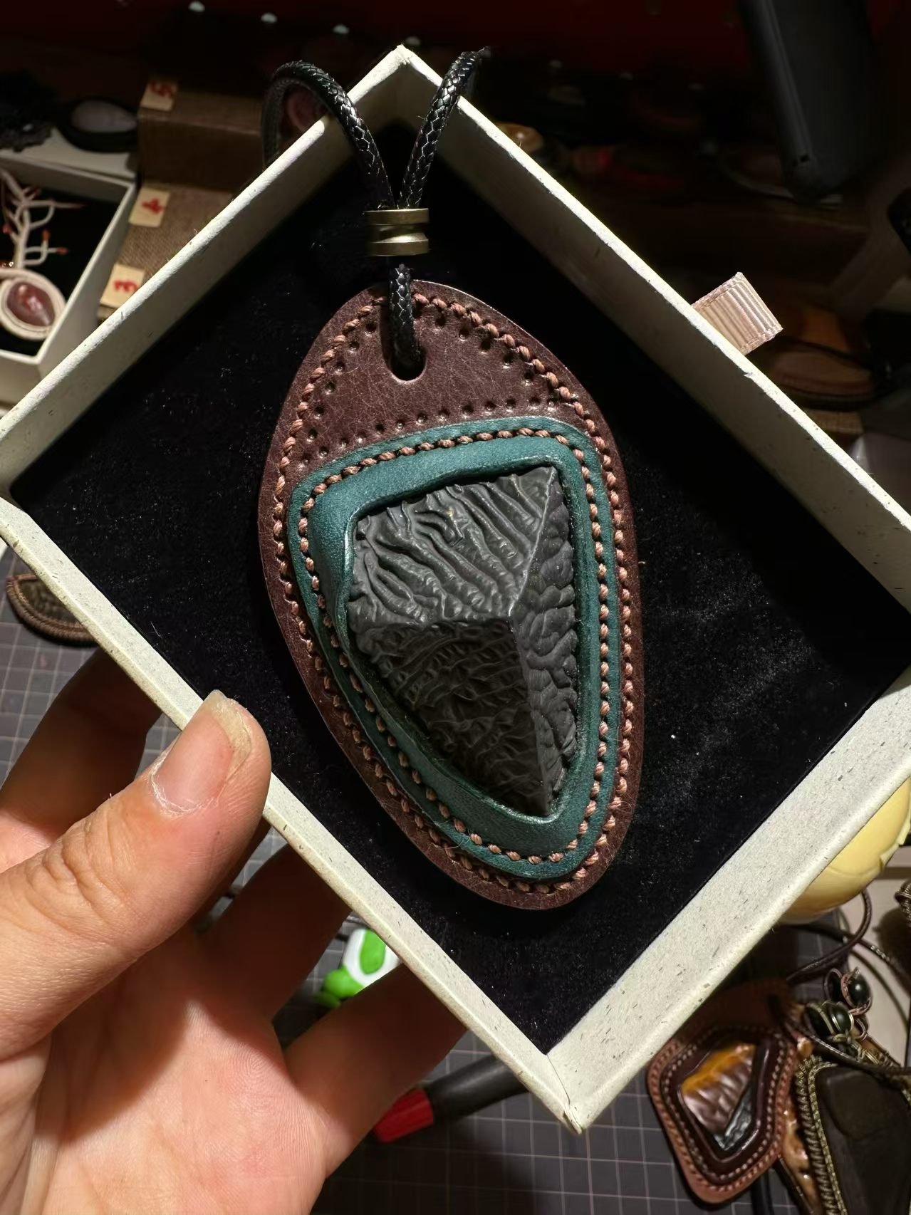 artisan wrapped leather edge gobi stone pendant｜photo for style reference only, not for sale