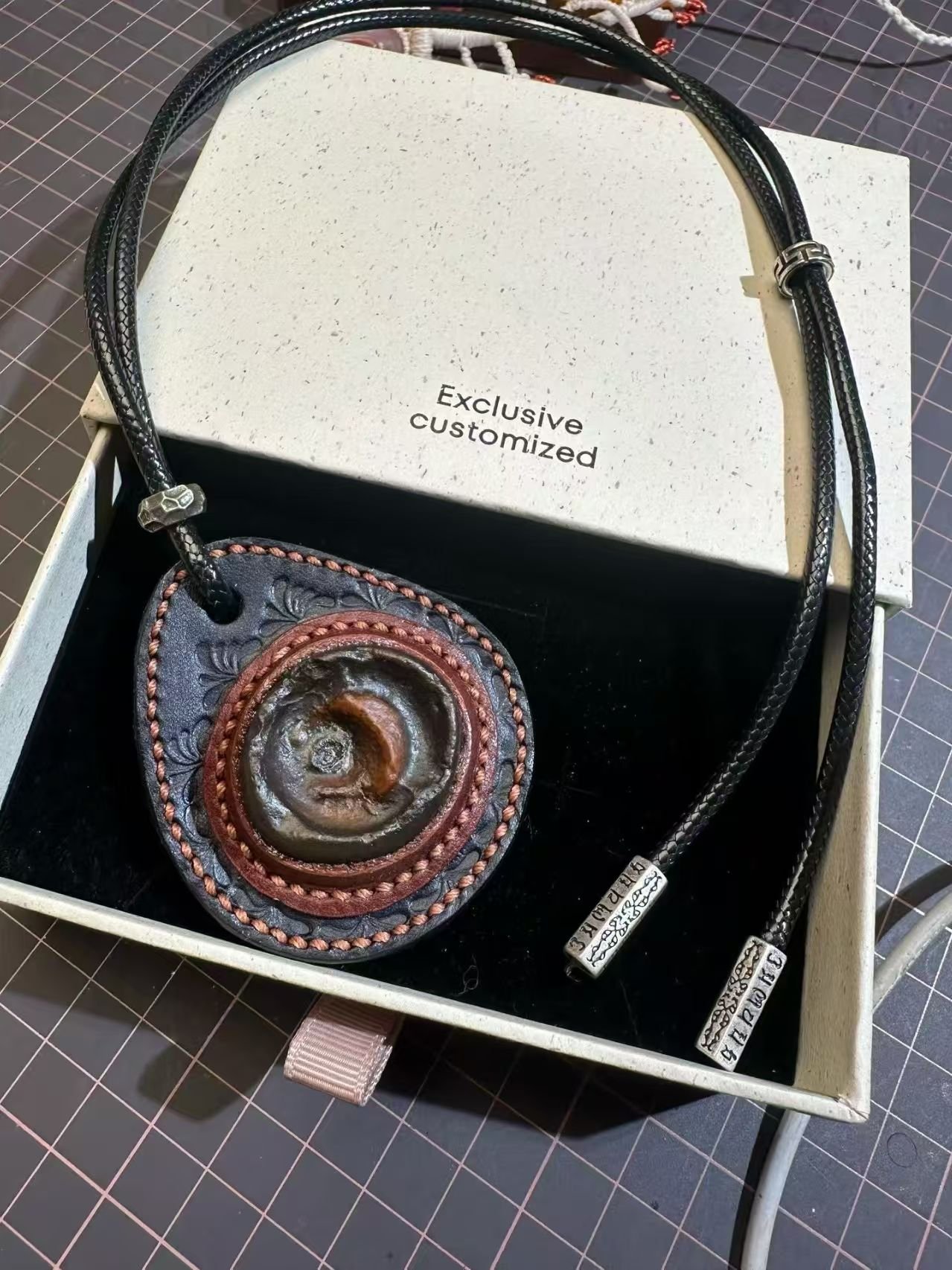 artisan wrapped leather edge gobi stone pendant｜photo for style reference only, not for sale