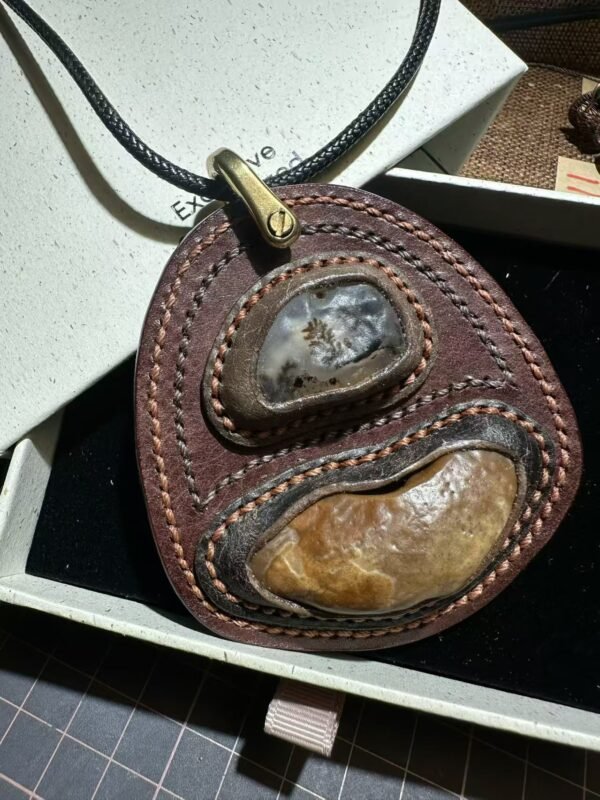 artisan wrapped leather edge gobi stone pendant｜photo for style reference only, not for sale